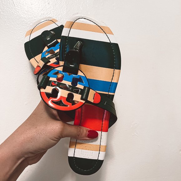 Tory Burch Shoes - Tory Burch RARE Womens Multicolor Striped Leather Slip On Logo Flat Sandal